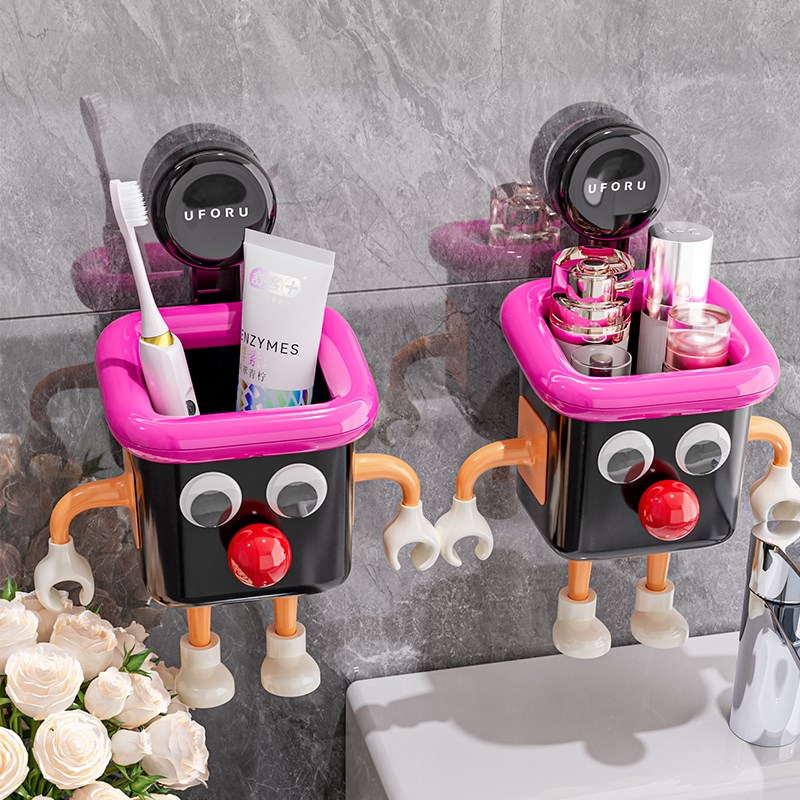 卫生间牙刷牙膏梳子吸盘置物架浴室免打孔壁挂式洗漱台墙上收纳筒