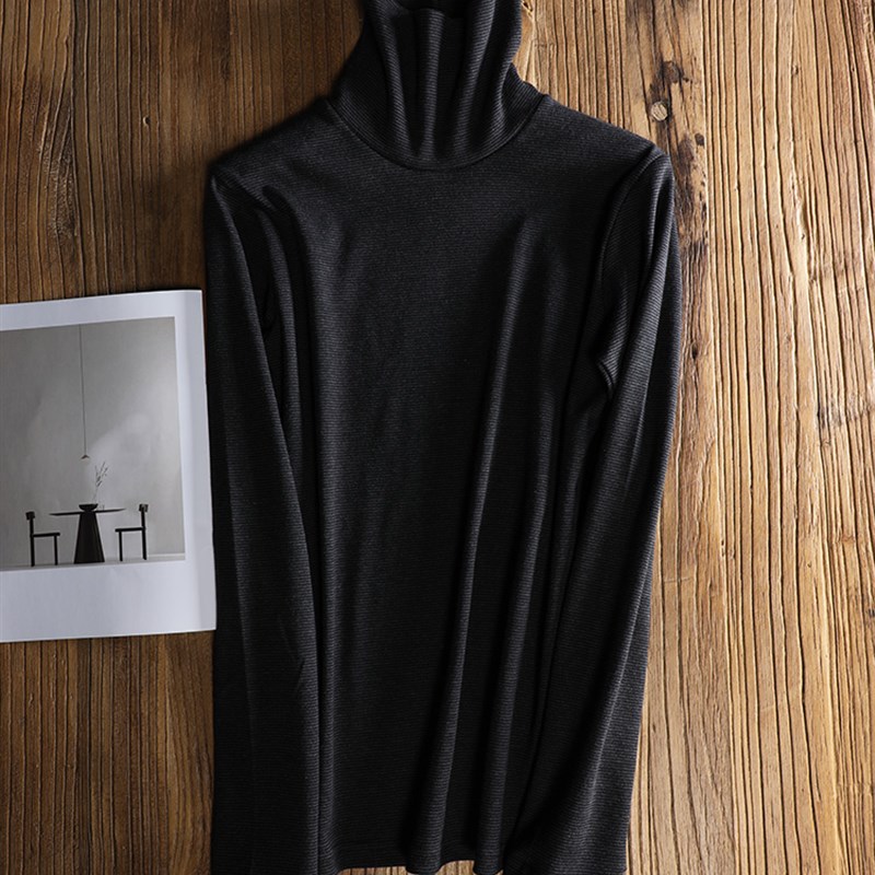 柔软保暖 细条纹纯棉棉毛高领打底衫女针织长袖t恤大码内搭上衣春