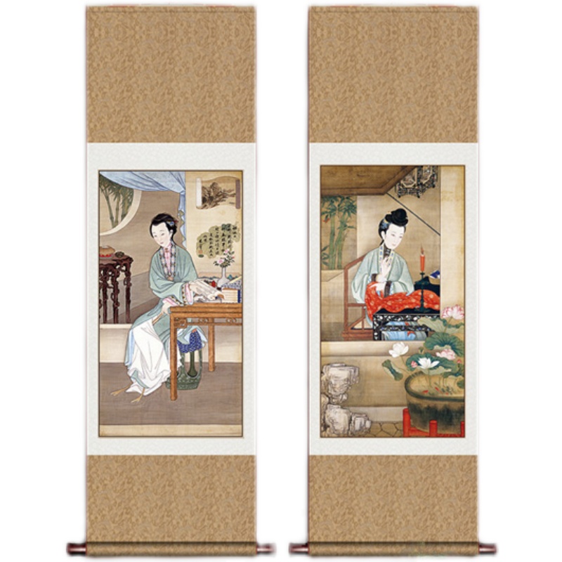 雍正十二美人图古代美女人物玄关客厅装饰画卷轴挂画茶室丝绸卷轴
