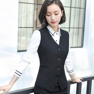 春秋女式西装马甲V领显瘦收腰工装带口袋职业套装马夹背心工作服