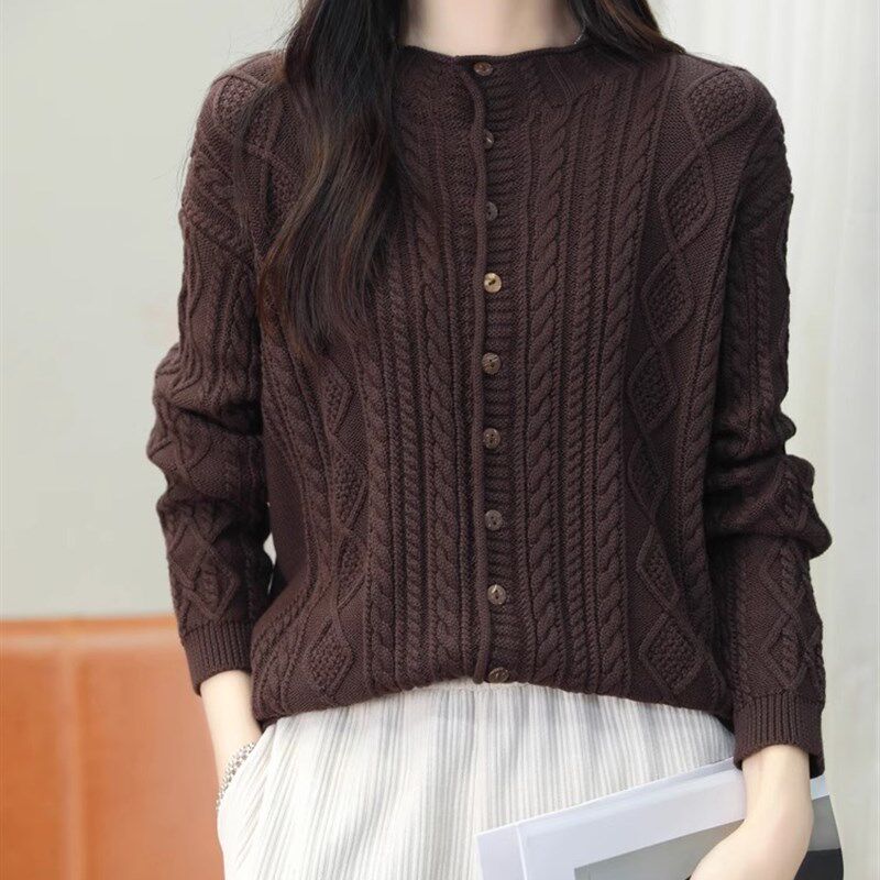 秋季纯棉线麻花圆领针织开衫女宽松短款外套毛衣加厚全棉外搭上衣