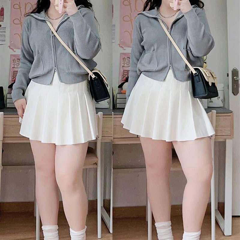 胖mm白色百褶裙jk短裙女春夏百搭大码遮胯高腰显瘦A字西装半身裙