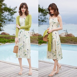 套装 白鹿语清新两件套2024夏季 针织披肩碎花连衣裙女式 法式 新款