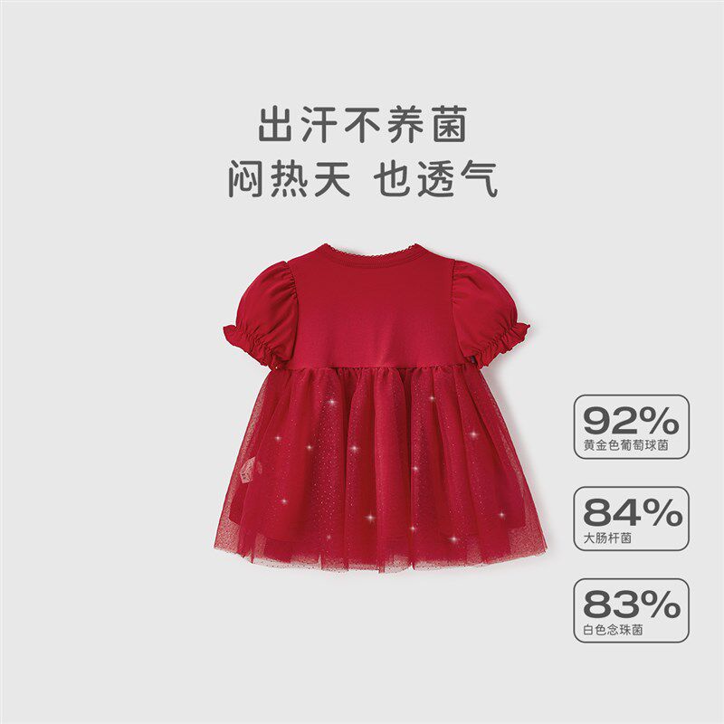 女童连衣裙夏装女宝宝拼接网纱裙周岁幼童红色小女孩裙子夏季公主