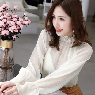 温娴花边领雪纺衫女长袖纱衣内搭仙气喇叭袖网纱上衣蕾丝打底衫薄