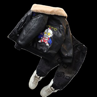 宝宝洋气皮夹克防风儿童秋冬装 皮衣加厚2024新款 冬款 男童加绒套装