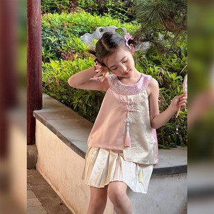 女童汉服2024夏季新款旗袍儿童新中式挂脖无袖中国风上衣盘扣唐装
