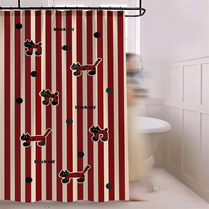 红条纹黑白猫浴帘防水防霉套装免打孔洗澡浴室卫生间隔断门帘