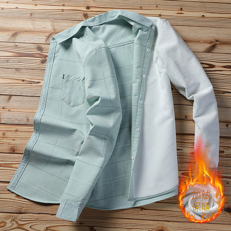 秋冬季男装长袖加绒衬衫外套商务格子青年一体绒加厚内搭保暖衬衫