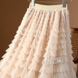 秋冬新款层层网纱裙蛋糕裙半身裙冬天配毛衣女裙子百褶裙半裙长裙