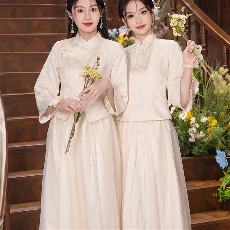 中式伴娘服2024秋冬新款姐妹团国风小个子礼服高级感平时可穿显瘦