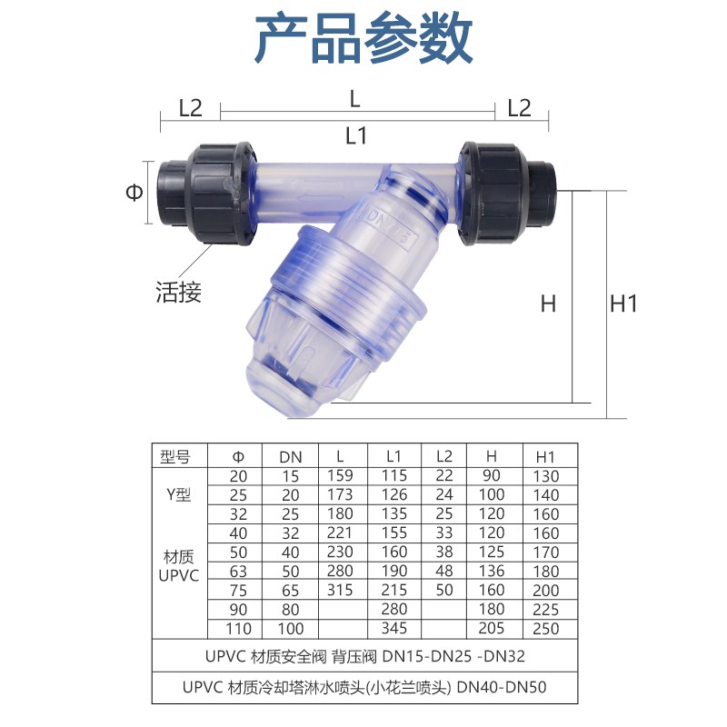 UPVC/PVC Y型过滤器 塑料过滤器 DN15/20/25/32/40/50承插活接