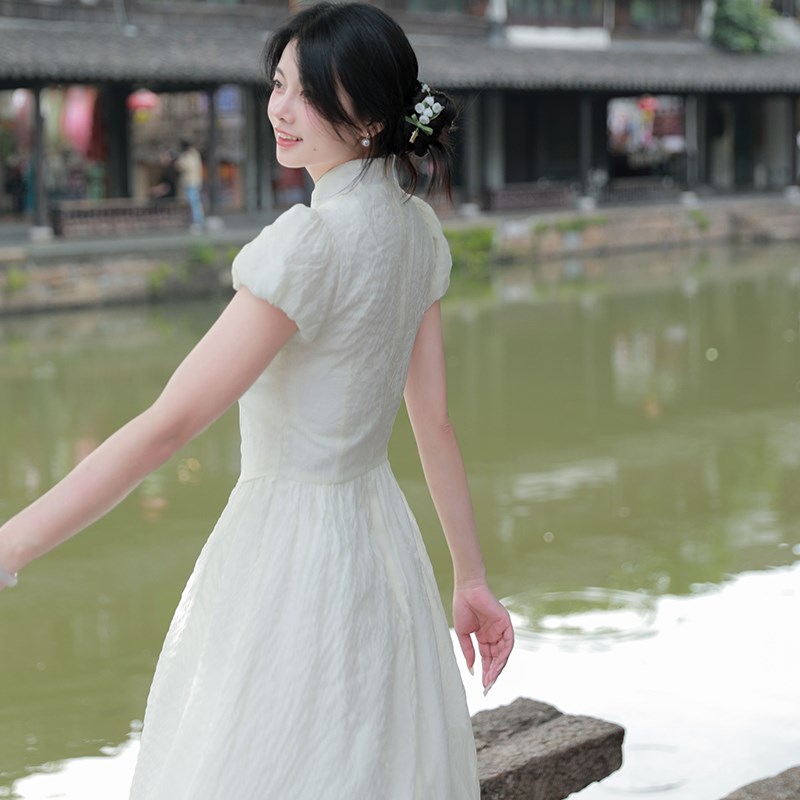 枕梦村庄 恋空 复古中式改良旗袍中长款白色收腰连衣裙夏季新品女