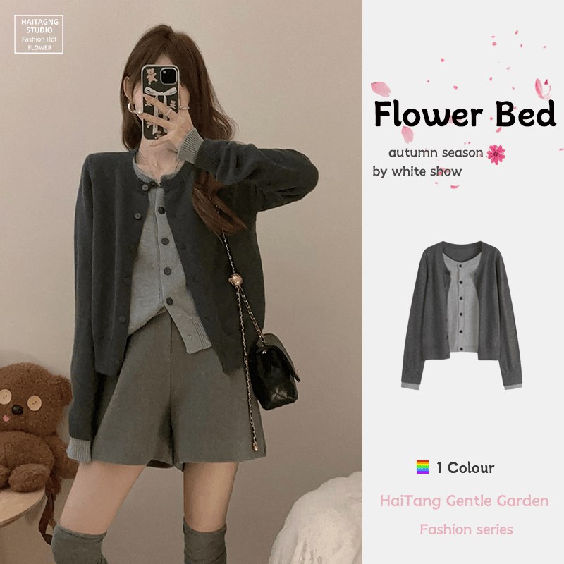 灰色假两件圆领针织开衫女秋冬新款设计感叠穿打底衫短裤两件套女