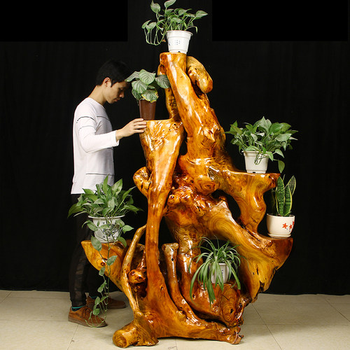 根雕花架子实木香樟木树根雕刻艺术摆件底座多层绿萝盆景架子家用