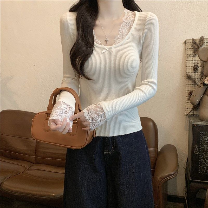 春秋薄款圆领修身长袖打底针织衫上衣洋气外穿蕾丝低领毛衣女内搭,女装/女士精品,毛针织衫,淘宝优惠券,粉丝福利购,淘宝优惠卷