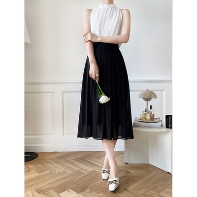 雪纺百褶裙高腰半身裙女夏白色纱裙设计感温柔风小个子中长款裙子