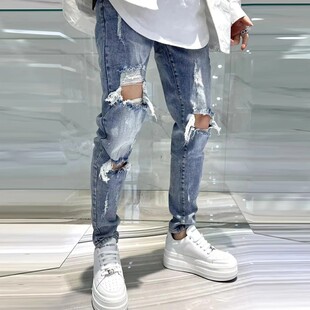 2023春夏季新款乞丐牛仔裤男浅蓝色破洞修身休闲裤水洗设计感裤子
