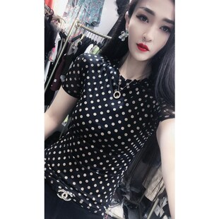 显瘦简约百搭半袖 t恤女修身 波点上衣潮 纱衣网纱印花短袖 夏天新款