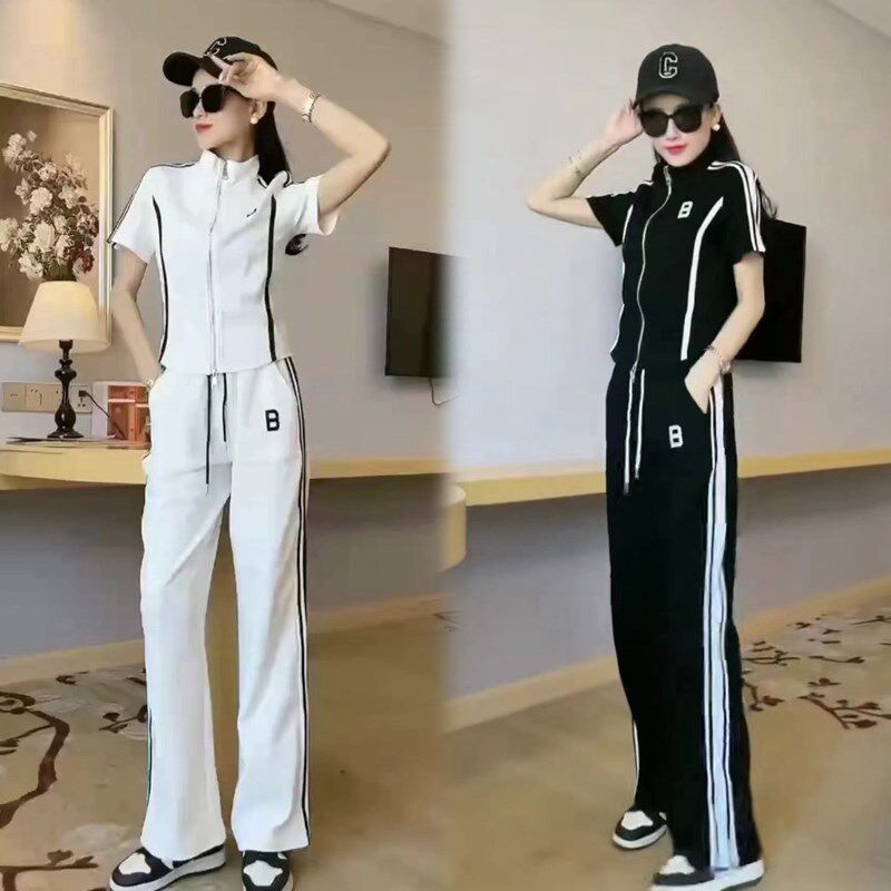 2024夏季新款韩版短袖时尚休闲运动服套装女半袖上衣直筒裤两件套