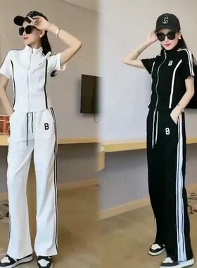 2024夏季新款韩版短袖时尚休闲运动服套装女半袖上衣直筒裤两件套