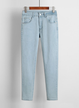 秋季男式新品修身简约淡蓝色小脚裤高弹力紧身牛仔裤浅色休闲长裤