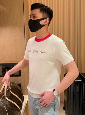 时尚彩色字母刺绣休闲白色t恤男 撞色领子柔软亲肤针织短袖男夏季