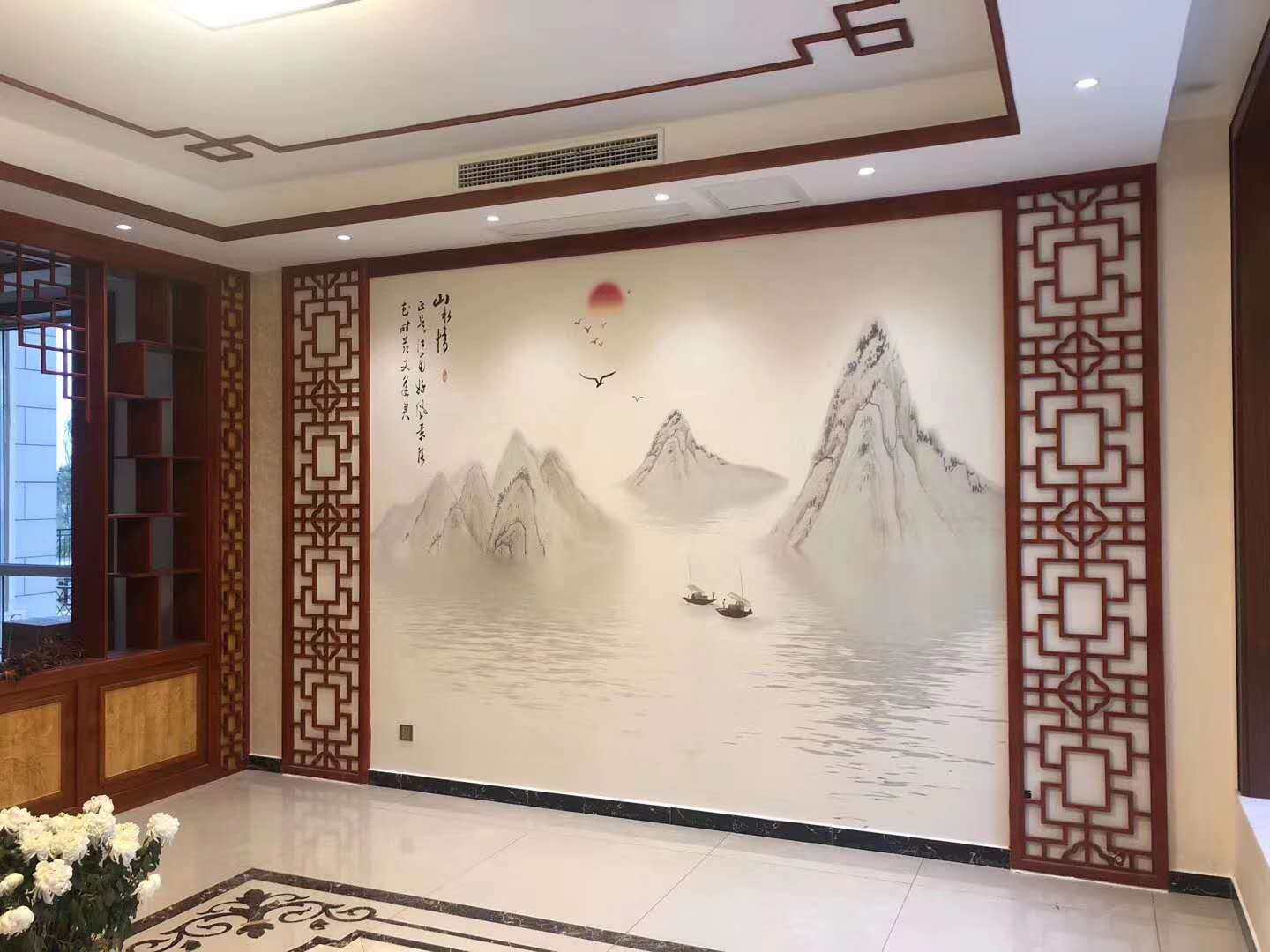 中欧式木塑板镂空隔断挂落雕花过道吊顶格子仿古红通花祥云花格