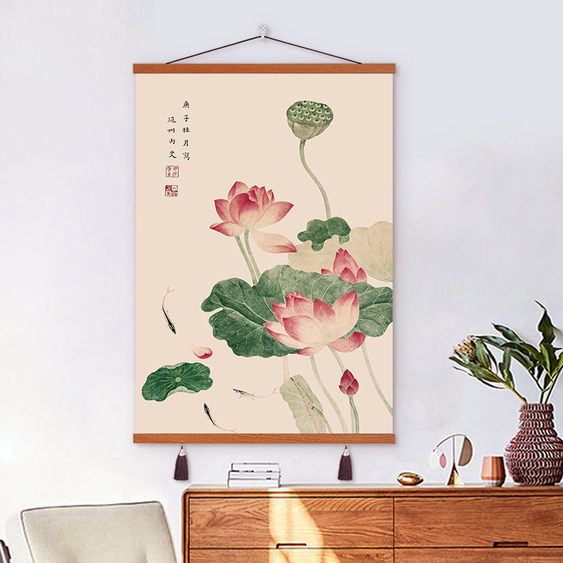 中式荷花艺术办公室装饰画书房挂画布艺房间壁画免打孔挂布背景布