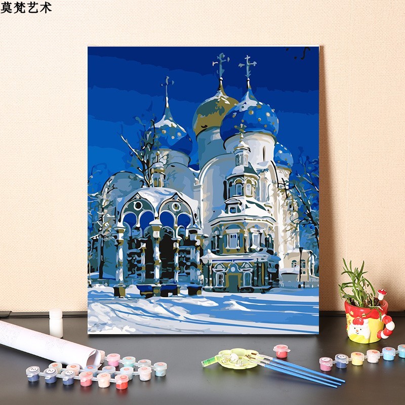 数字油画diy手工填充欧洲冬季冰雪城堡风景画手绘画画涂色油彩画
