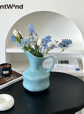 SilentWind寂风韩风清新蓝色提壶花瓶陶瓷插干鲜花器家居桌面摆件