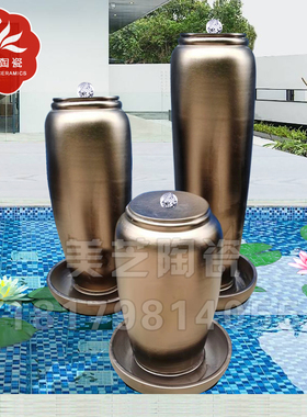 欧式奢华冒水坛子摆件金色陶瓷循环流水大花瓶喷泉陶罐鱼缸储水器