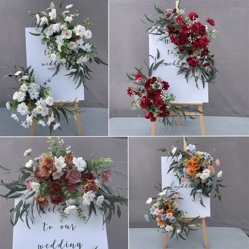 婚庆迎宾架 迎宾牌木架高端婚礼水牌花 指示牌花艺 仿真绢花花艺