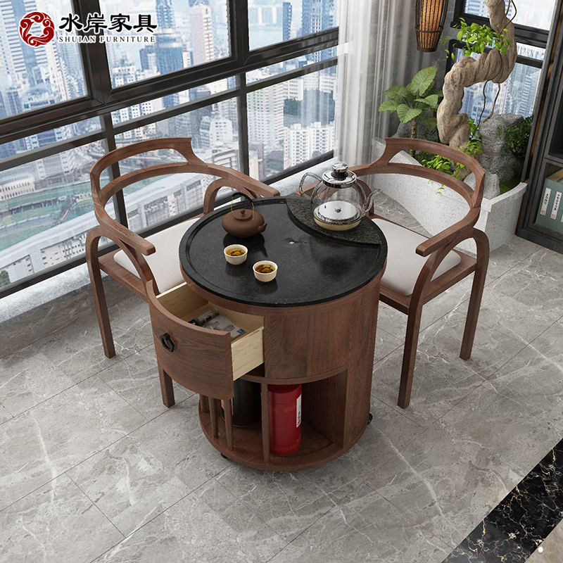移动茶桌家用乌金石阳台小茶台现代简约茶桌椅组合小户型实木茶桌