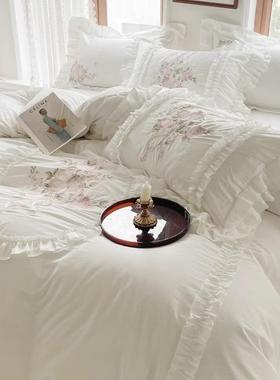法式公主风140S长绒棉纯棉床裙款四件套复古白色刺绣被套床上用品