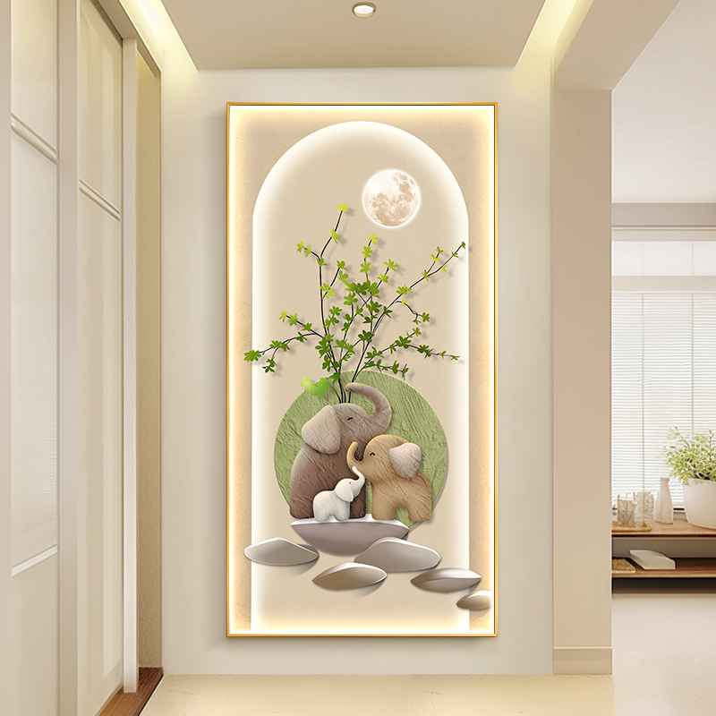 奶油风led灯大象入户玄关装饰画简约现代绿植挂画客厅走廊过道画
