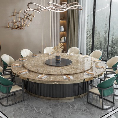 酒店大圆桌电动餐桌20人仿大理石岩板火锅桌饭店欧式桌椅旋转转盘