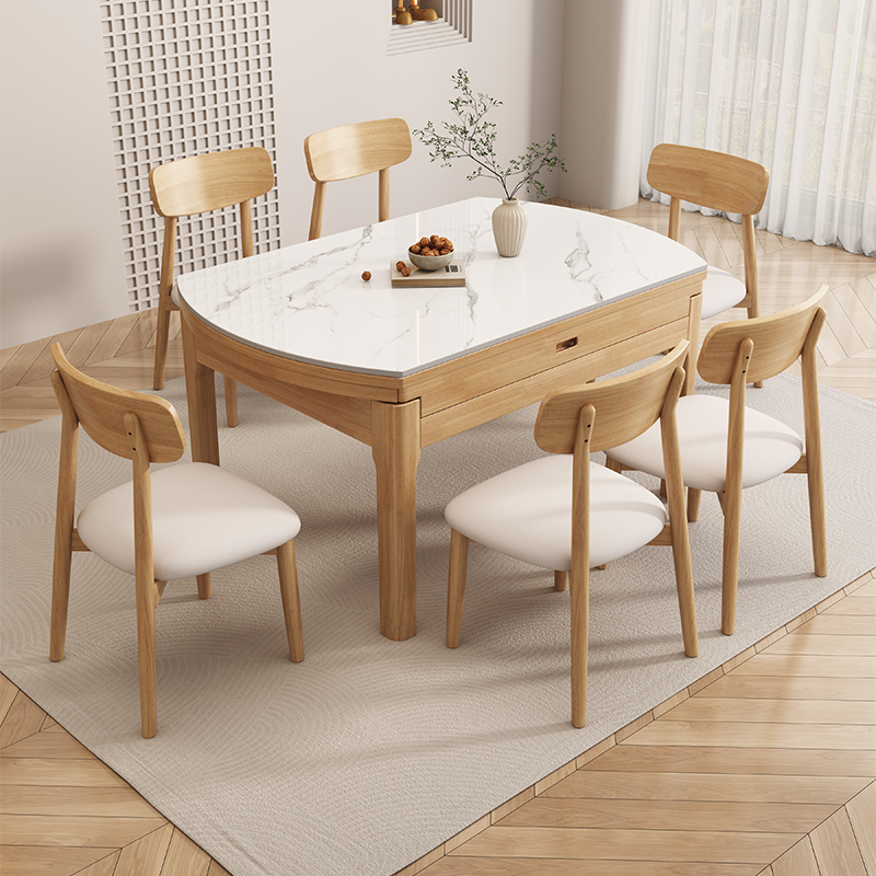 全实木岩板餐桌椅组合现代简约家用小户型伸缩方圆两用电磁炉饭桌