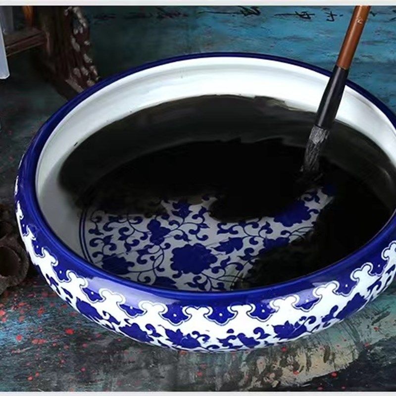 高温青花陶瓷笔洗水洗睡莲碗莲花盆鱼缸洗茶碗容器杯洗摆件