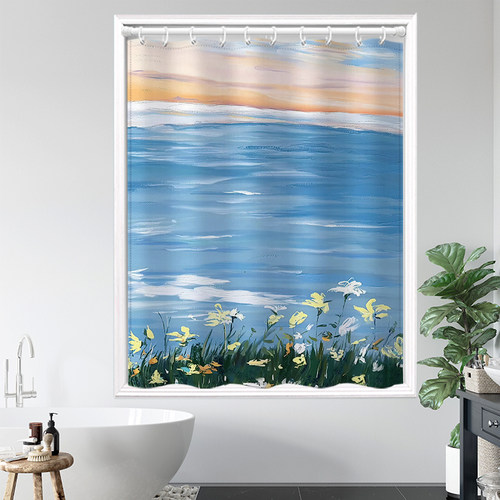 窗帘免打孔安装伸缩杆遮光洗手间风景防水小窗户简易一整套浴室短