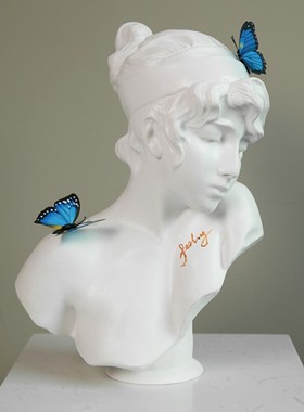 蓝色蝴蝶女孩艺术雕塑雕像人物摆件法式装修复古头像高级软装饰品
