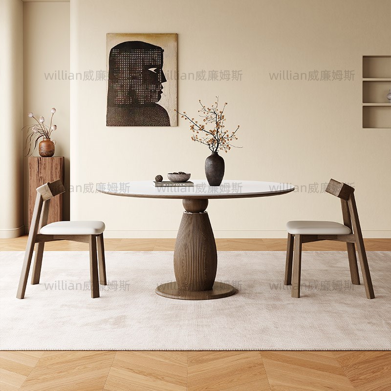 法式复古圆形实木餐桌现代简约饭桌家用小户型意式中古风岩板餐桌