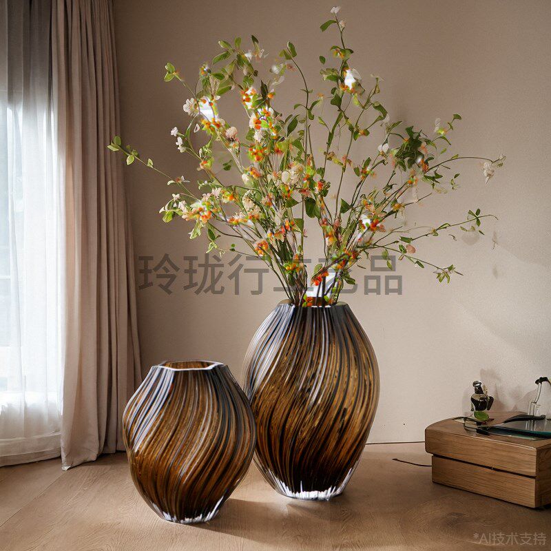 新棕色拧纹玻璃花瓶摆件家居饰品餐桌玄关桌面插花花器软装工艺品