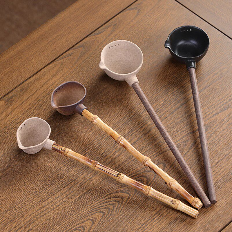 分茶勺防烫分茶器麦饭石陶瓷黑檀木柄勺子茶匙功夫茶具长柄竹舀水
