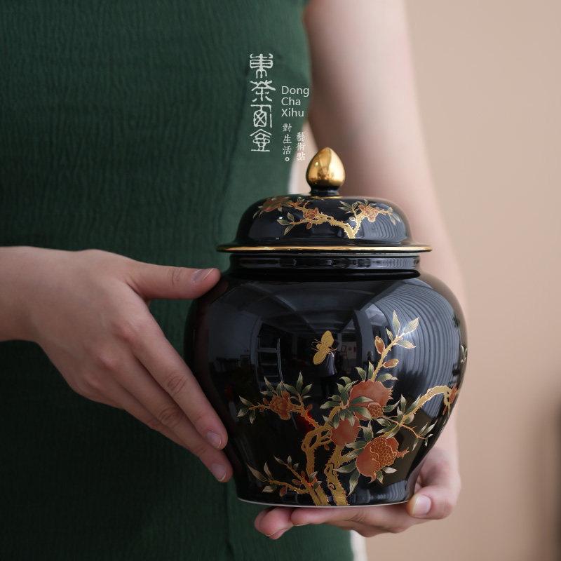 将军罐密封罐黑釉石榴陶瓷茶叶罐大号茶叶包装礼盒定制茶仓防潮缸
