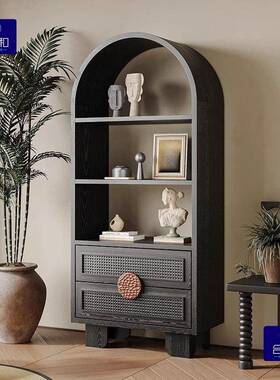 式KBF古风轻奢书柜客厅黑色置物架收纳抽屉法式复中古美拱形门展