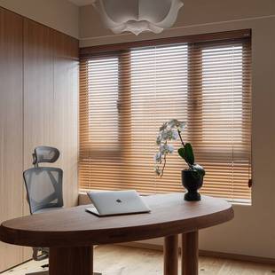 木纹铝百叶遮光免打孔客厅办公室中式古风仿木合金遮阳台窗帘卷帘