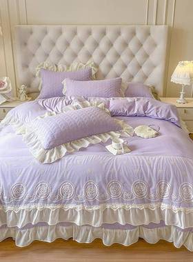 202版5韩新款花边床裙床四件套公主风RB紫色夹棉罩防滑床盖三件套