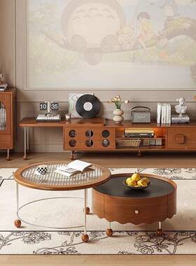 式复法古实木茶NPB几组合家用风小户型圆中形客古厅美式轻奢伸缩