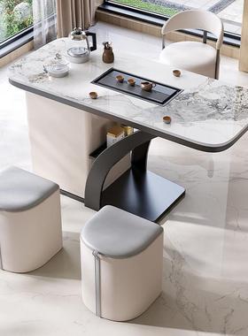 现代ISC简约岩板茶桌椅组合台小茶桌阳小茶型家用烧水壶户一体新